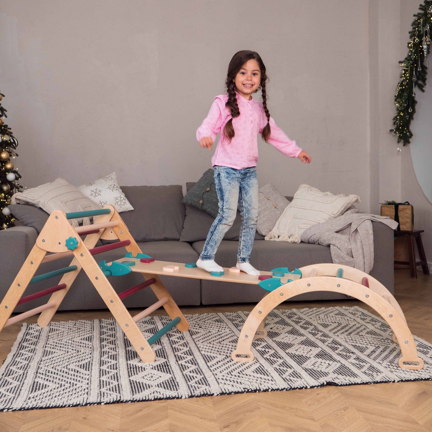 Wood and Hearts Eco-Friendly Wooden Montessori Climbing 3-in-1 Set | Foldable Triangle, Climbing Arch, Rocker Board