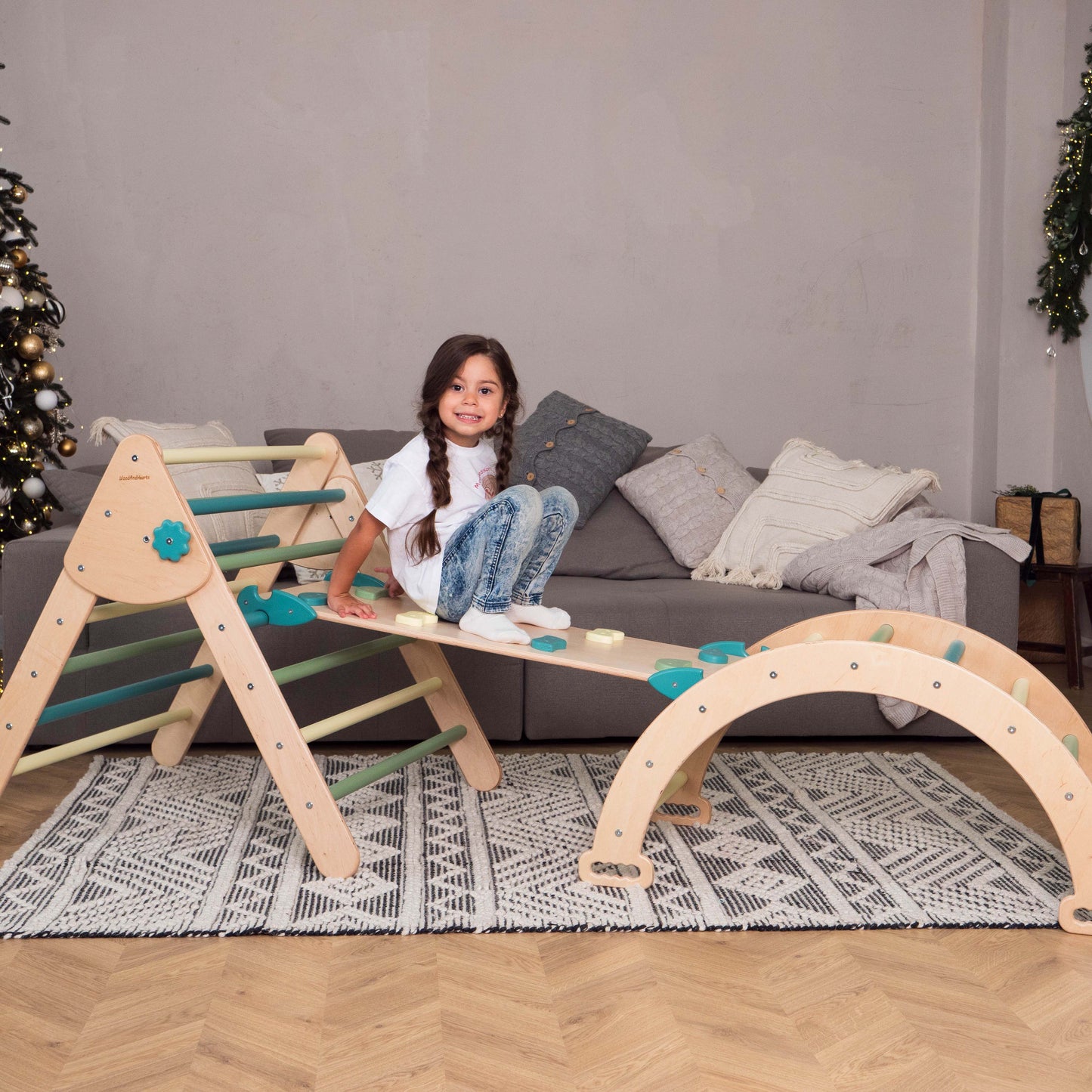 Wood and Hearts Eco-Friendly Wooden Montessori Climbing 3-in-1 Set | Foldable Triangle, Climbing Arch, Rocker Board