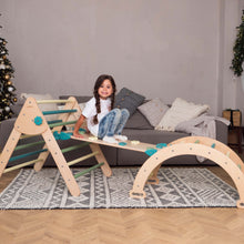 Load image into Gallery viewer, Wood and Hearts Eco-Friendly Wooden Montessori Climbing 3-in-1 Set | Foldable Triangle, Climbing Arch, Rocker Board
