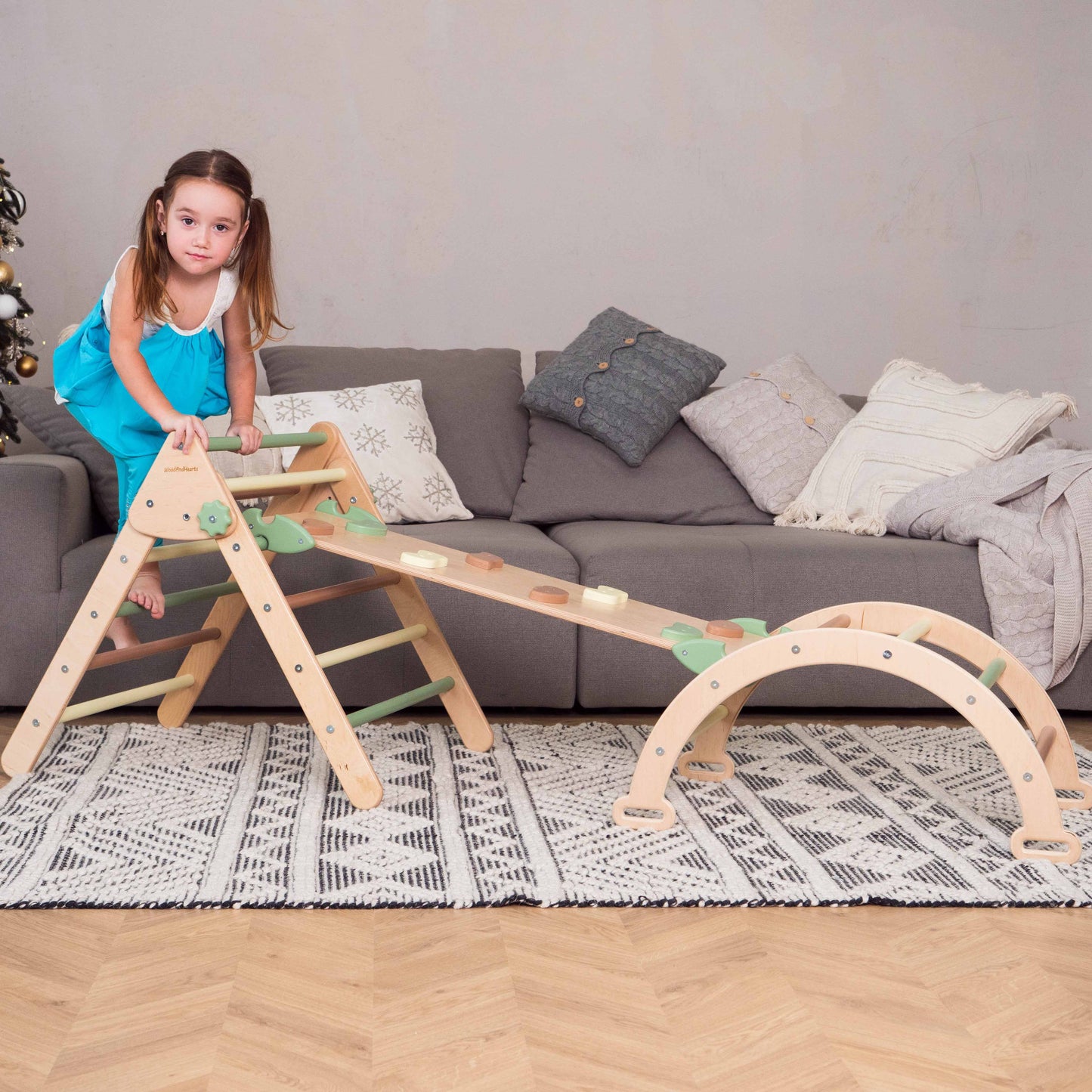Wood and Hearts Eco-Friendly Wooden Montessori Climbing 3-in-1 Set | Foldable Triangle, Climbing Arch, Rocker Board