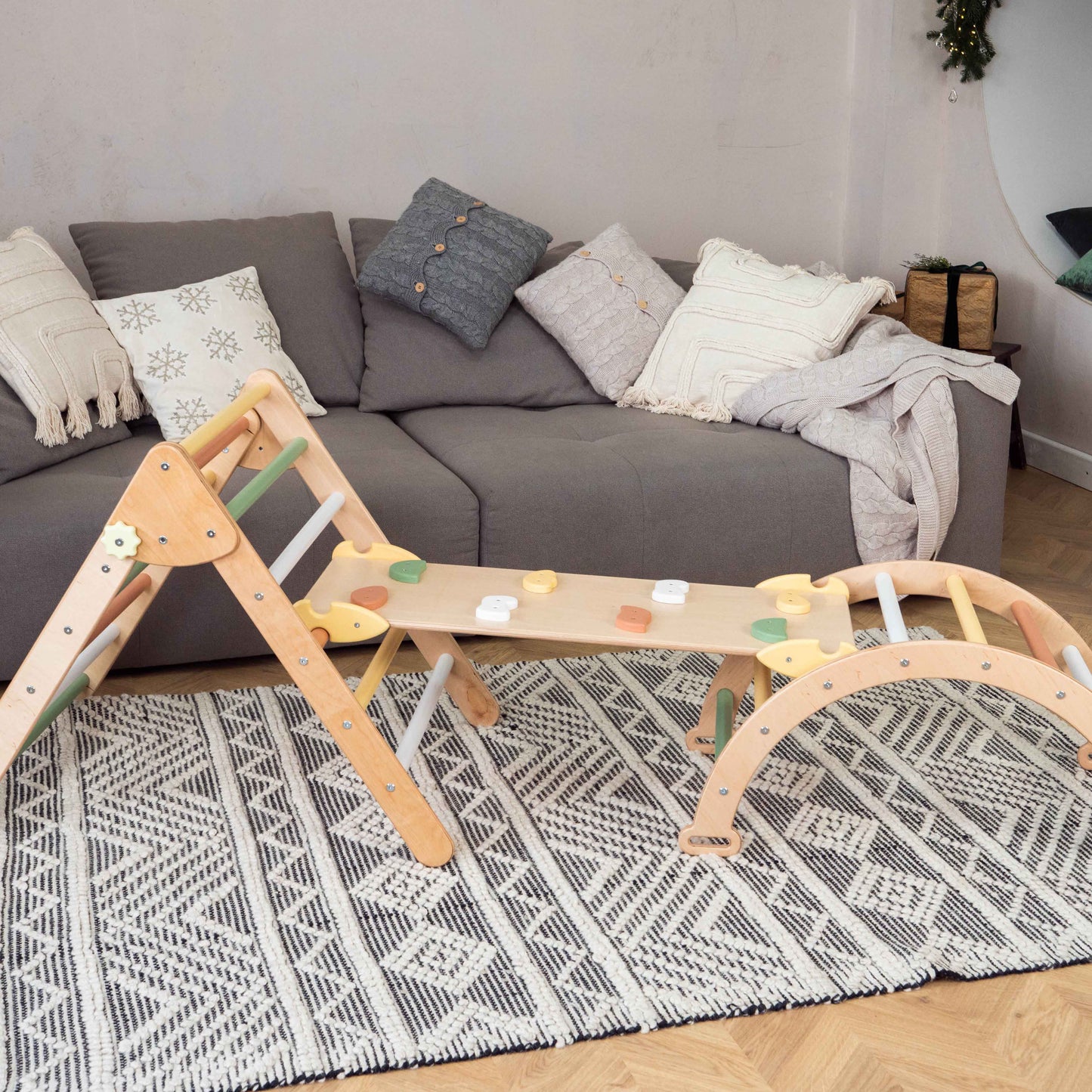 Wood and Hearts Eco-Friendly Wooden Montessori Climbing 3-in-1 Set | Foldable Triangle, Climbing Arch, Rocker Board