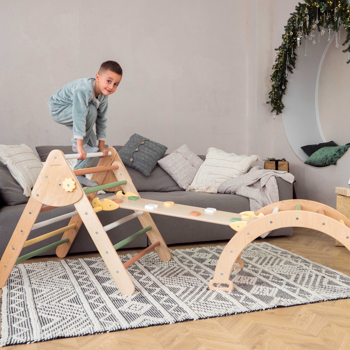 Wood and Hearts Eco-Friendly Wooden Montessori Climbing 3-in-1 Set | Foldable Triangle, Climbing Arch, Rocker Board