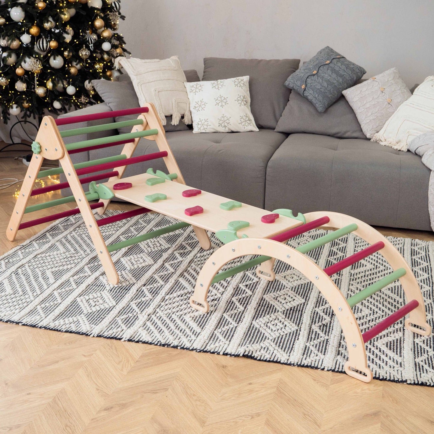 Wood and Hearts Eco-Friendly Wooden Montessori Climbing 3-in-1 Set | Foldable Triangle, Climbing Arch, Rocker Board