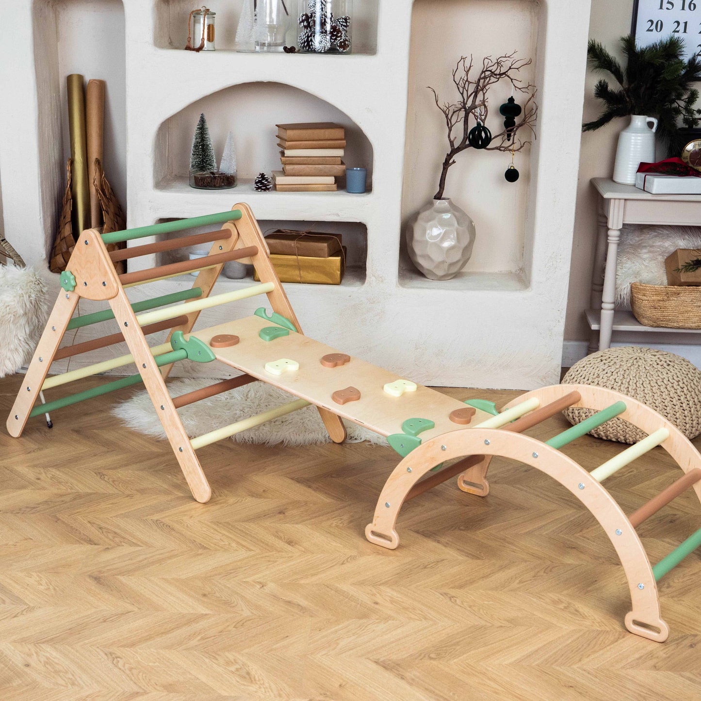 Wood and Hearts Eco-Friendly Wooden Montessori Climbing 3-in-1 Set | Foldable Triangle, Climbing Arch, Rocker Board