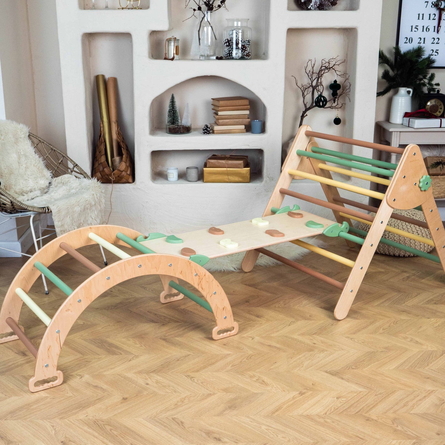 Wood and Hearts Eco-Friendly Wooden Montessori Climbing 3-in-1 Set | Foldable Triangle, Climbing Arch, Rocker Board