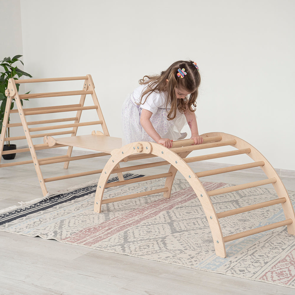 Wood and Hearts Eco-Friendly Wooden Montessori Foldable Pikler Triangle and Arch Climber Set