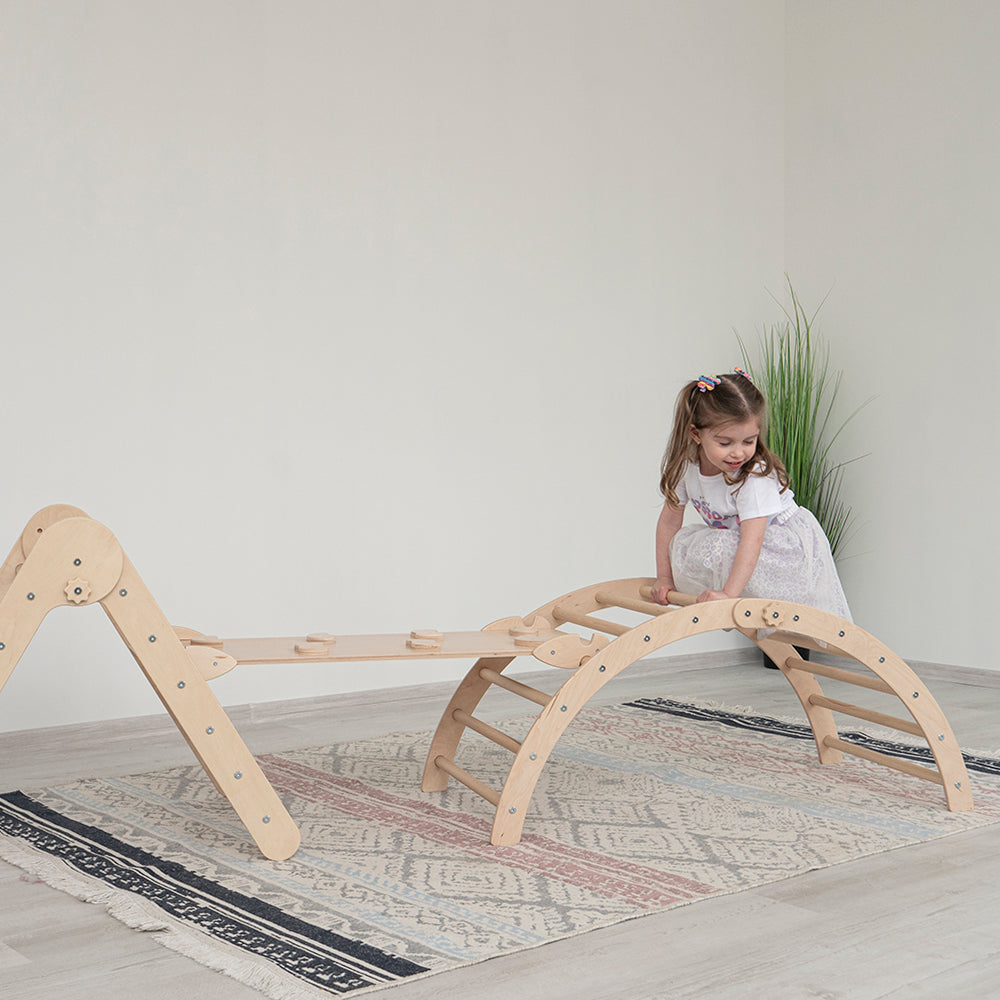 Wood and Hearts Eco-Friendly Wooden Montessori Foldable Pikler Triangle and Arch Climber Set