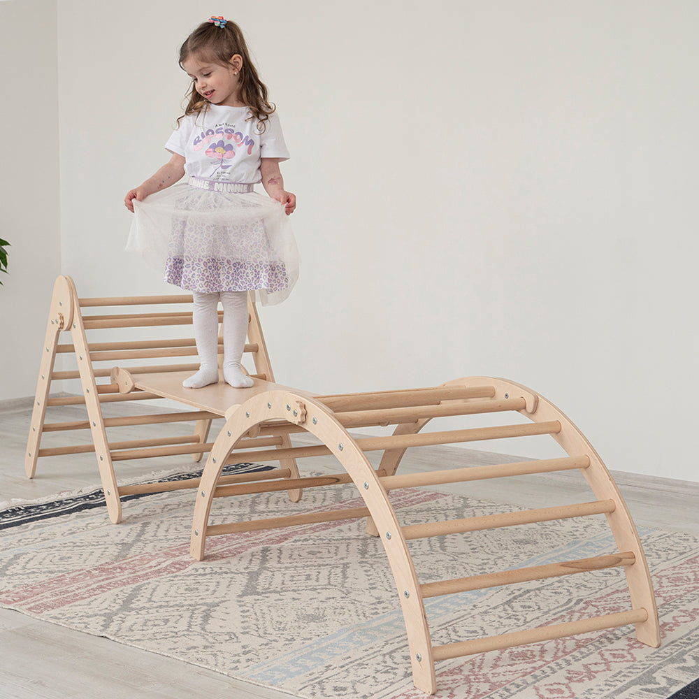 Wood and Hearts Eco-Friendly Wooden Montessori Foldable Pikler Triangle and Arch Climber Set