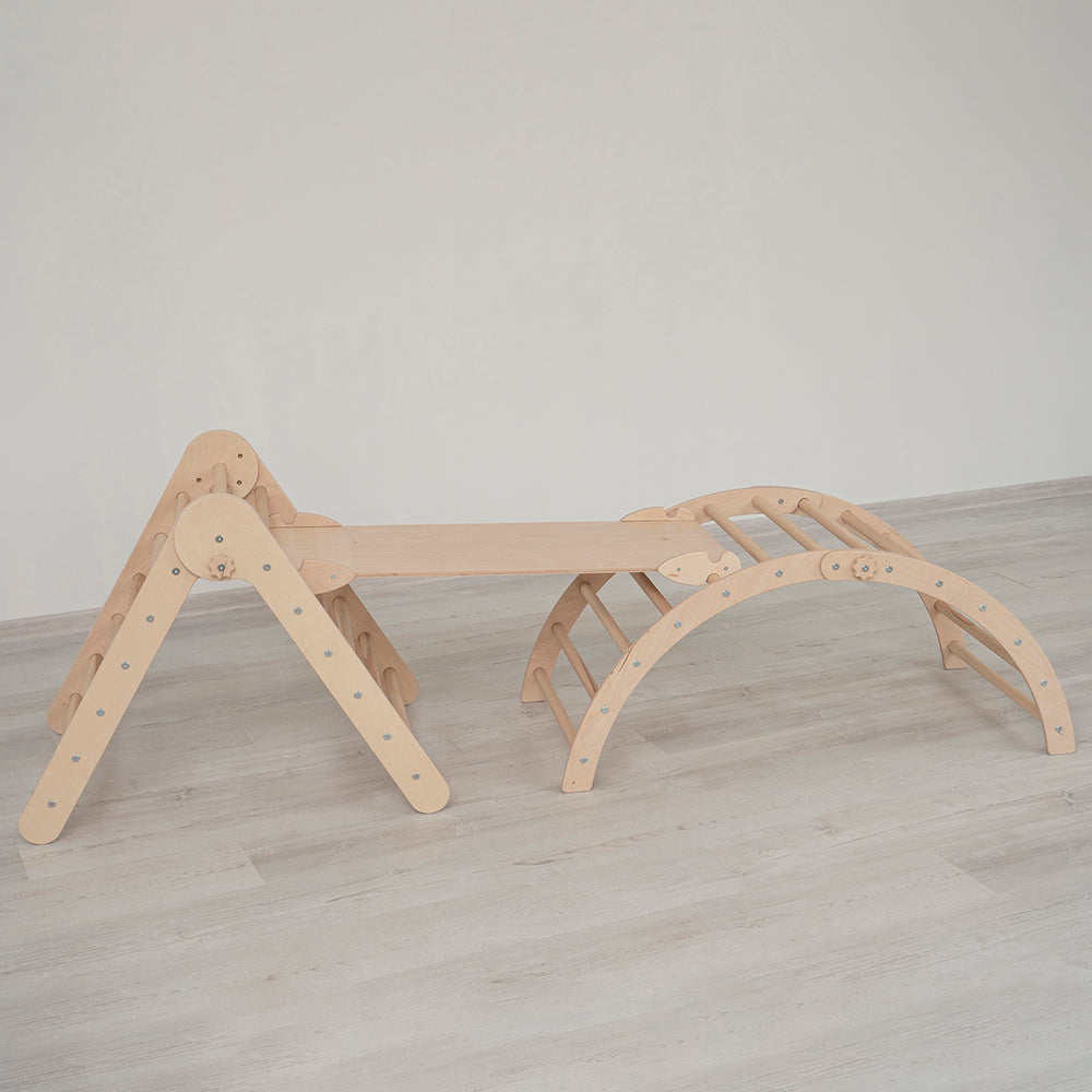 Wood and Hearts Eco-Friendly Wooden Montessori Foldable Pikler Triangle and Arch Climber Set