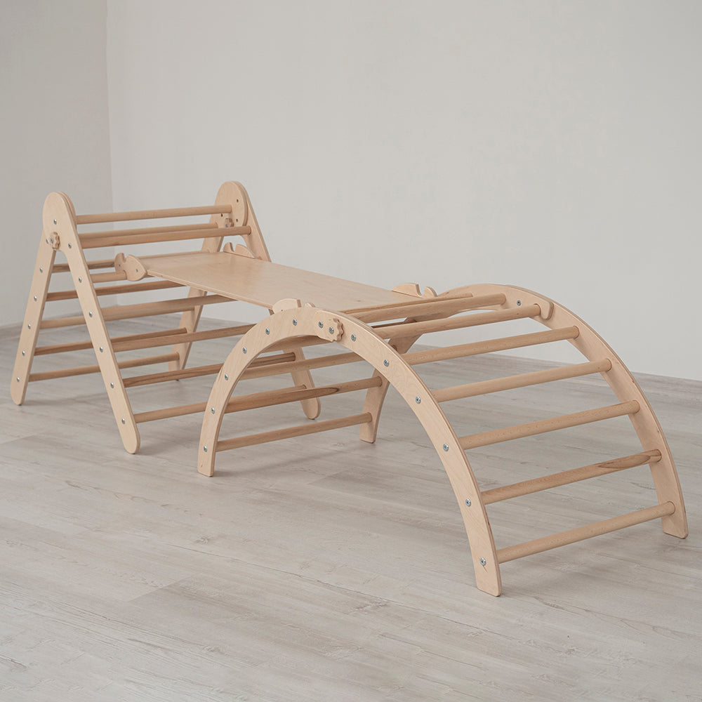 Wood and Hearts Eco-Friendly Wooden Montessori Foldable Pikler Triangle and Arch Climber Set