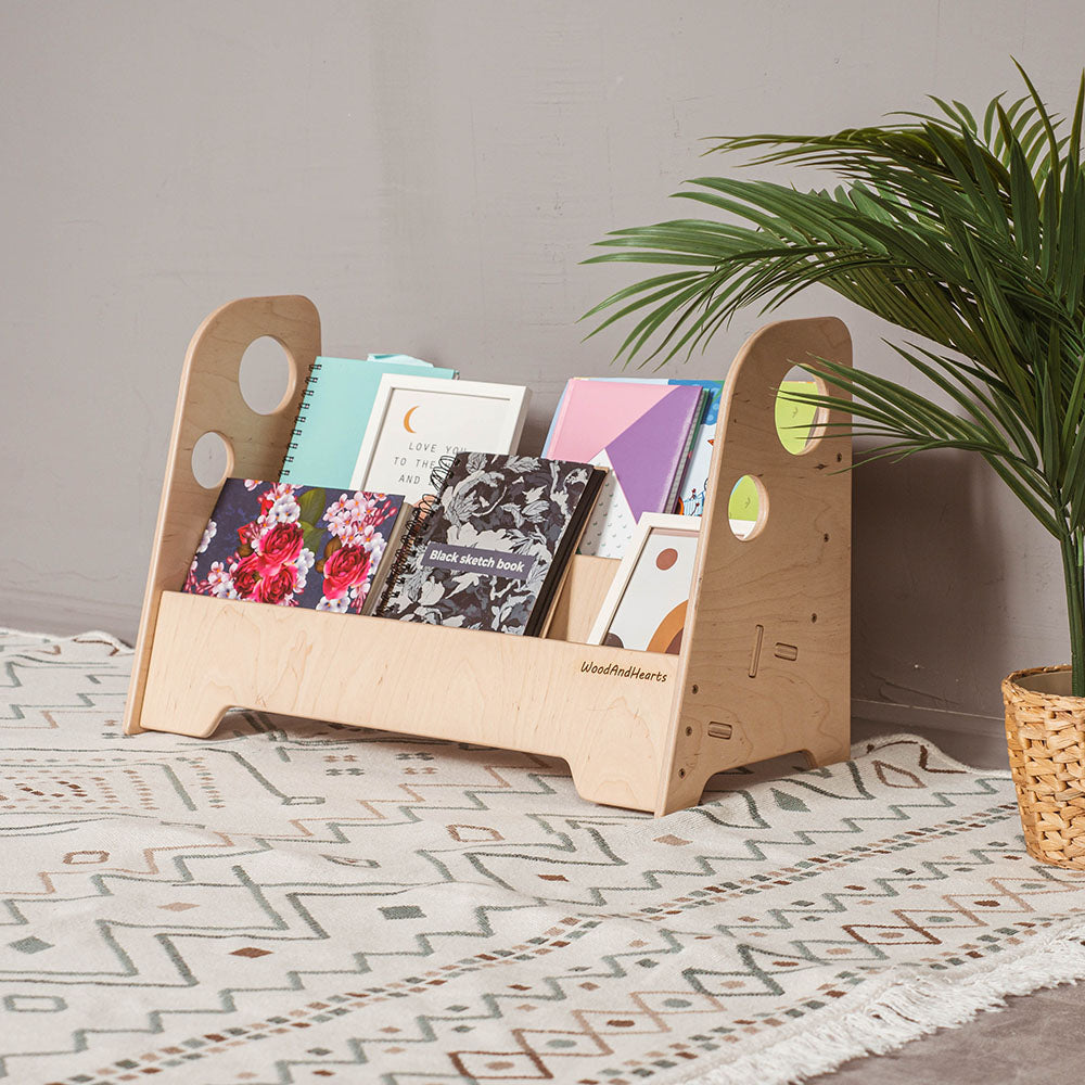 Wood and Hearts Eco-Friendly Natural Wooden Montessori Kids Bookshelf