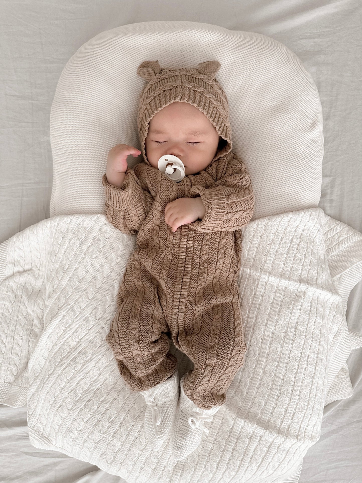 Luna + Luca Organic Cotton Baby Bear Knit Neutral Jumpsuit - Acorn