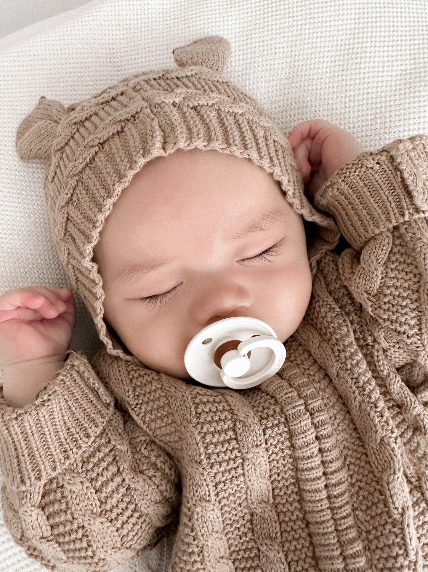 Luna + Luca Organic Cotton Baby Bear Knit Neutral Jumpsuit - Acorn