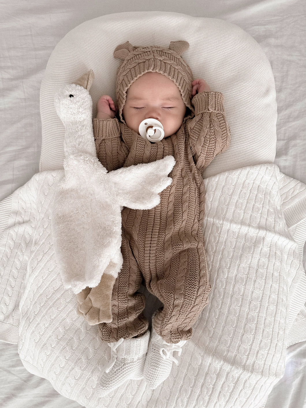 Luna + Luca Organic Cotton Baby Bear Knit Neutral Jumpsuit - Acorn