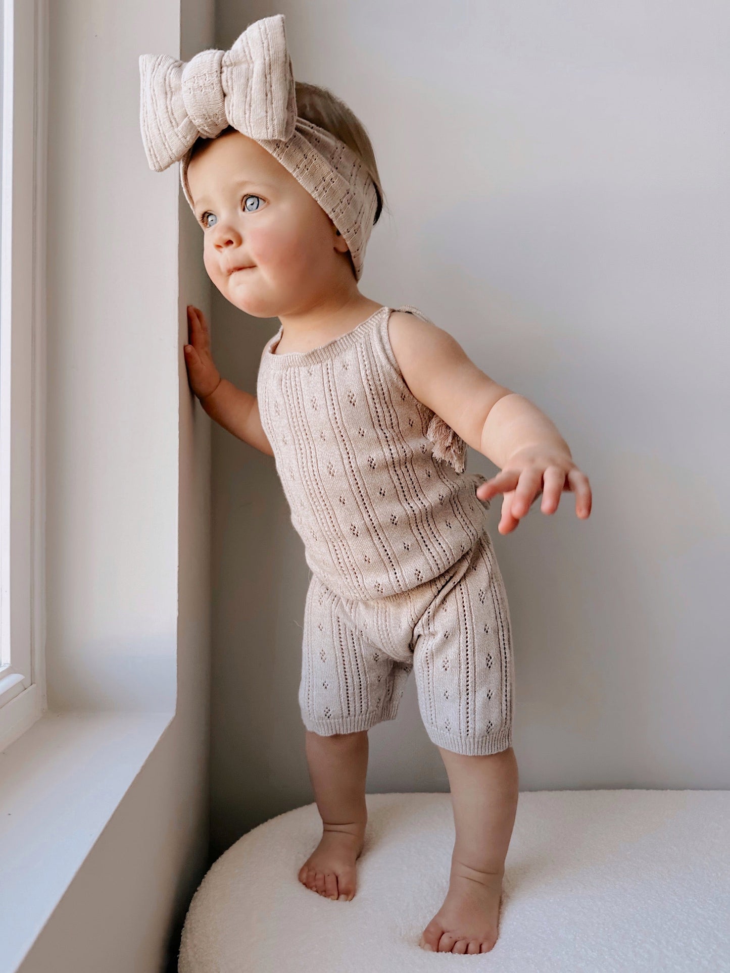 Luna + Luca Pointelle Organic Cotton Neutral Baby Girl Romper - Heather Beige