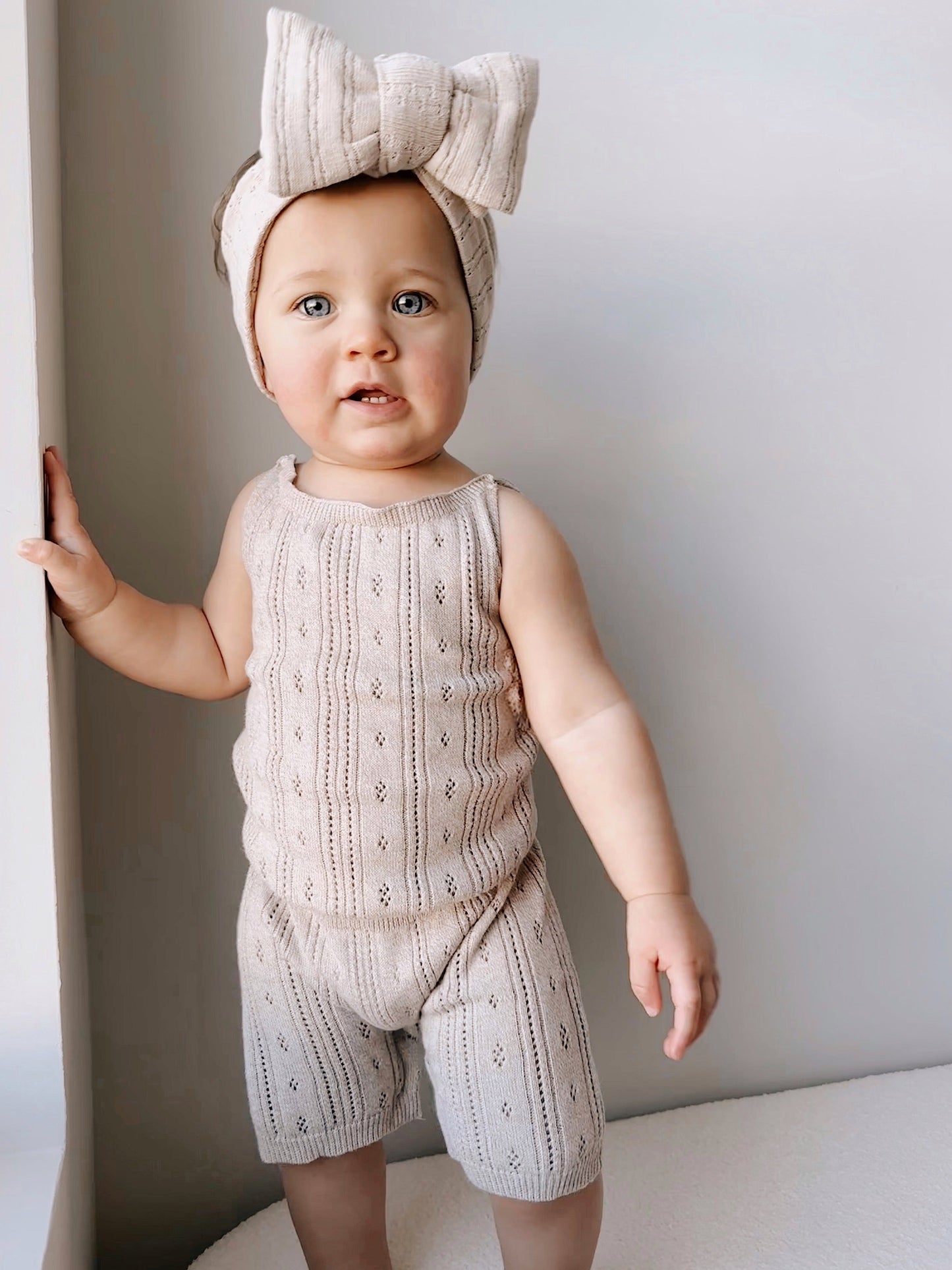 Luna + Luca Pointelle Organic Cotton Neutral Baby Girl Romper - Heather Beige