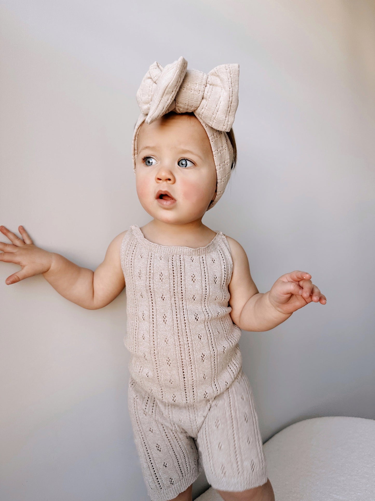 Luna + Luca Pointelle Organic Cotton Neutral Baby Girl Romper - Heather Beige