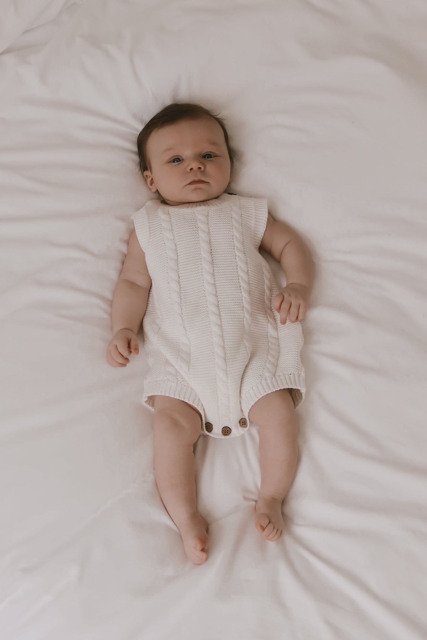 Luca + Luna Organic Cotton Cable Knit Baby Summer Romper - White