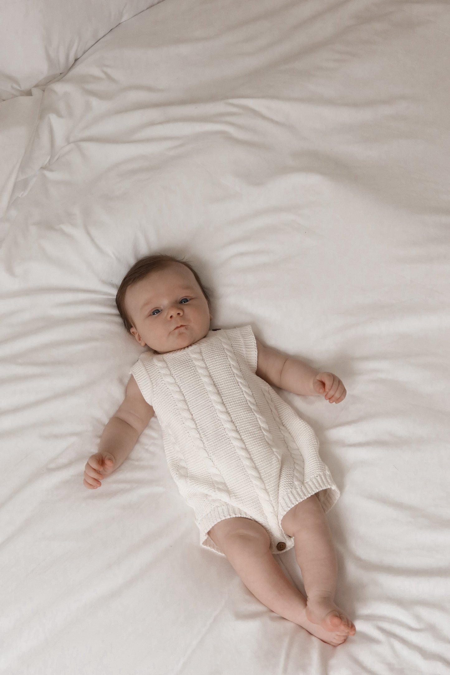 Luca + Luna Organic Cotton Cable Knit Baby Summer Romper - White