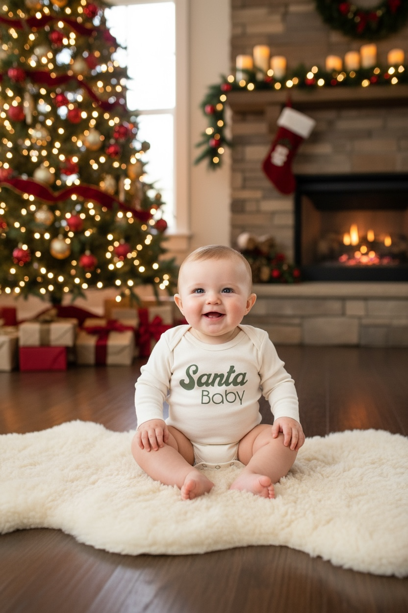 Santa Baby Organic Cotton Baby Bodysuit – Long Sleeve, Red or Olive, 0–24M