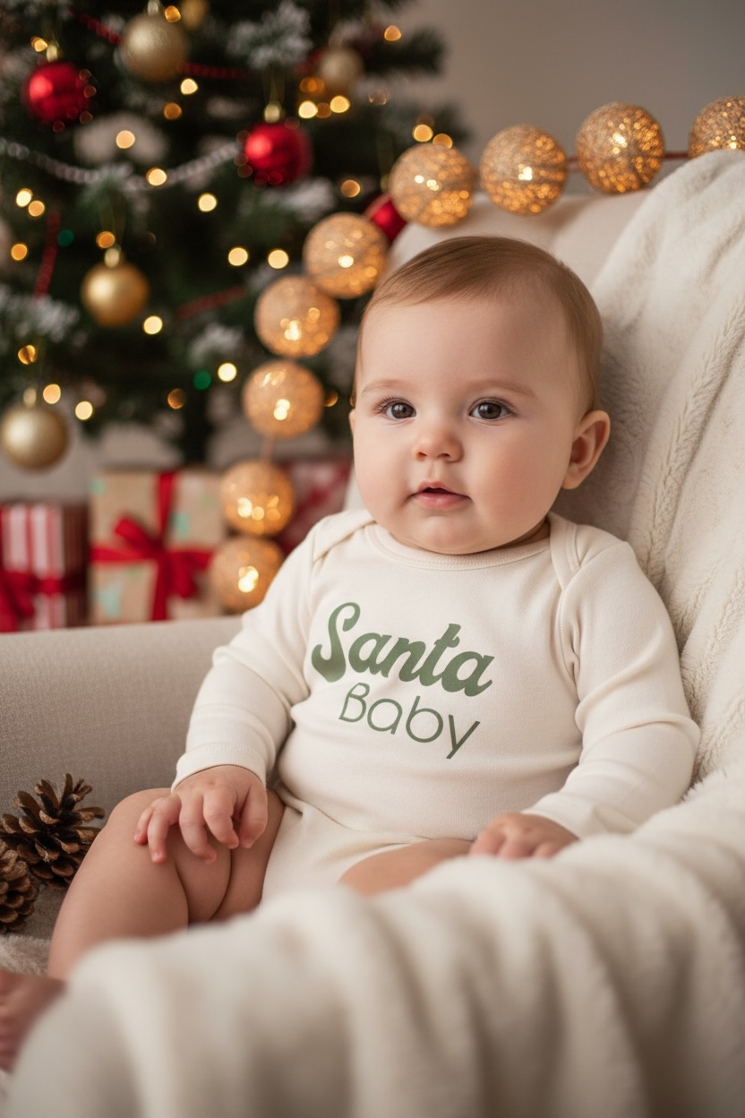 Santa Baby Organic Cotton Baby Bodysuit – Long Sleeve, Red or Olive, 0–24M