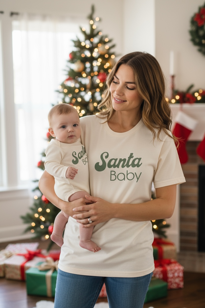 Santa Baby Organic Cotton Baby Bodysuit – Long Sleeve, Red or Olive, 0–24M