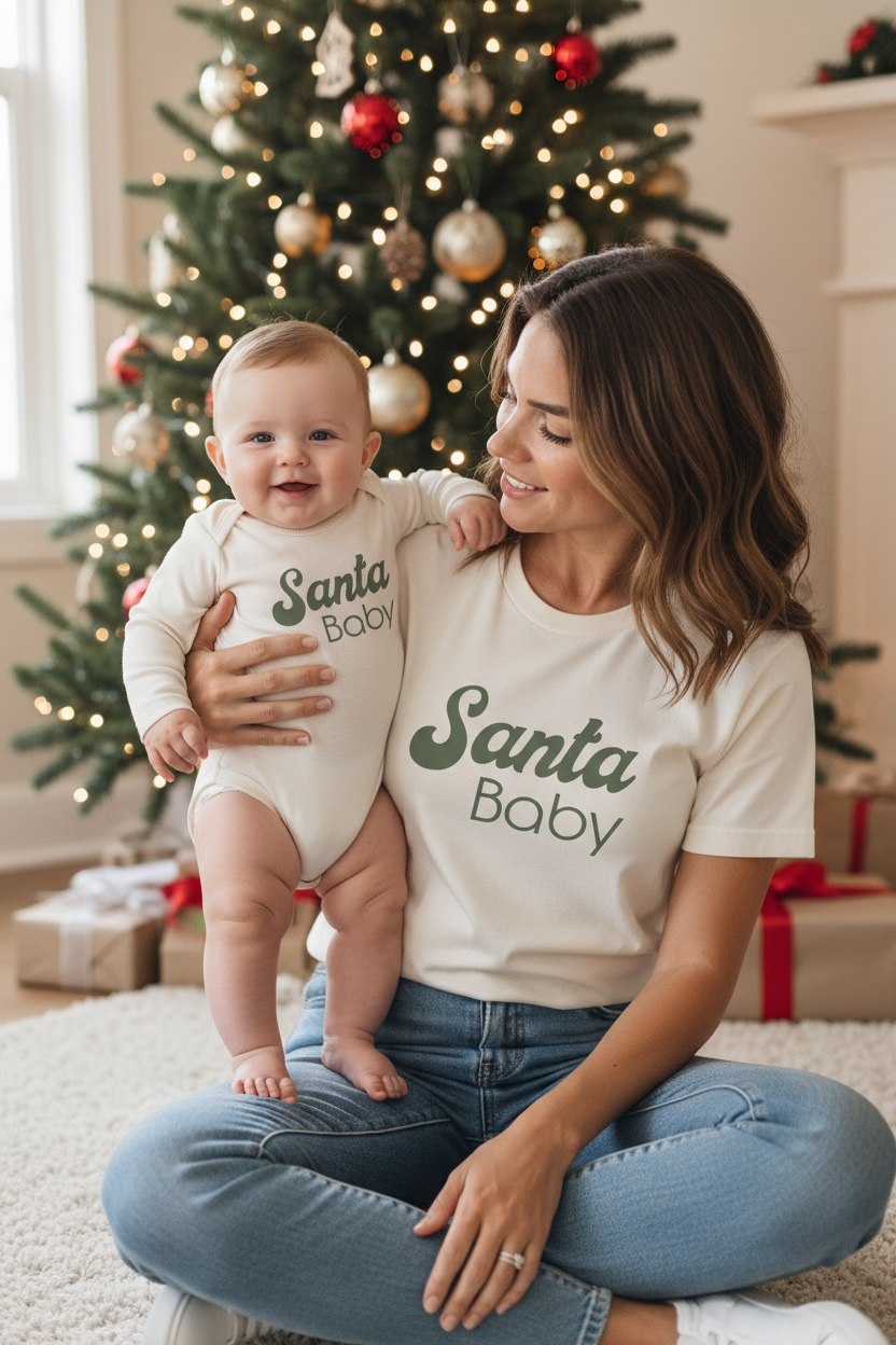 Santa Baby Organic Cotton Baby Bodysuit – Long Sleeve, Red or Olive, 0–24M