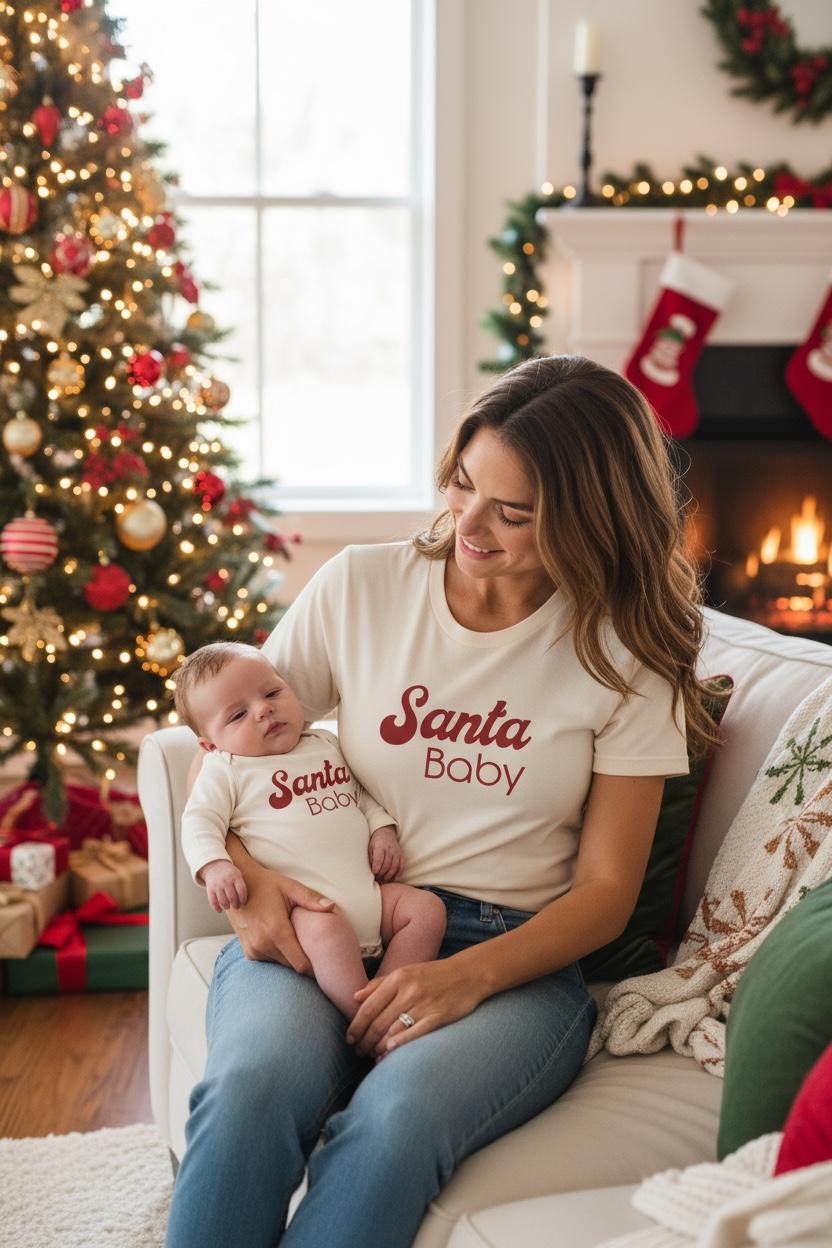 Santa Baby Organic Cotton Baby Bodysuit – Long Sleeve, Red or Olive, 0–24M