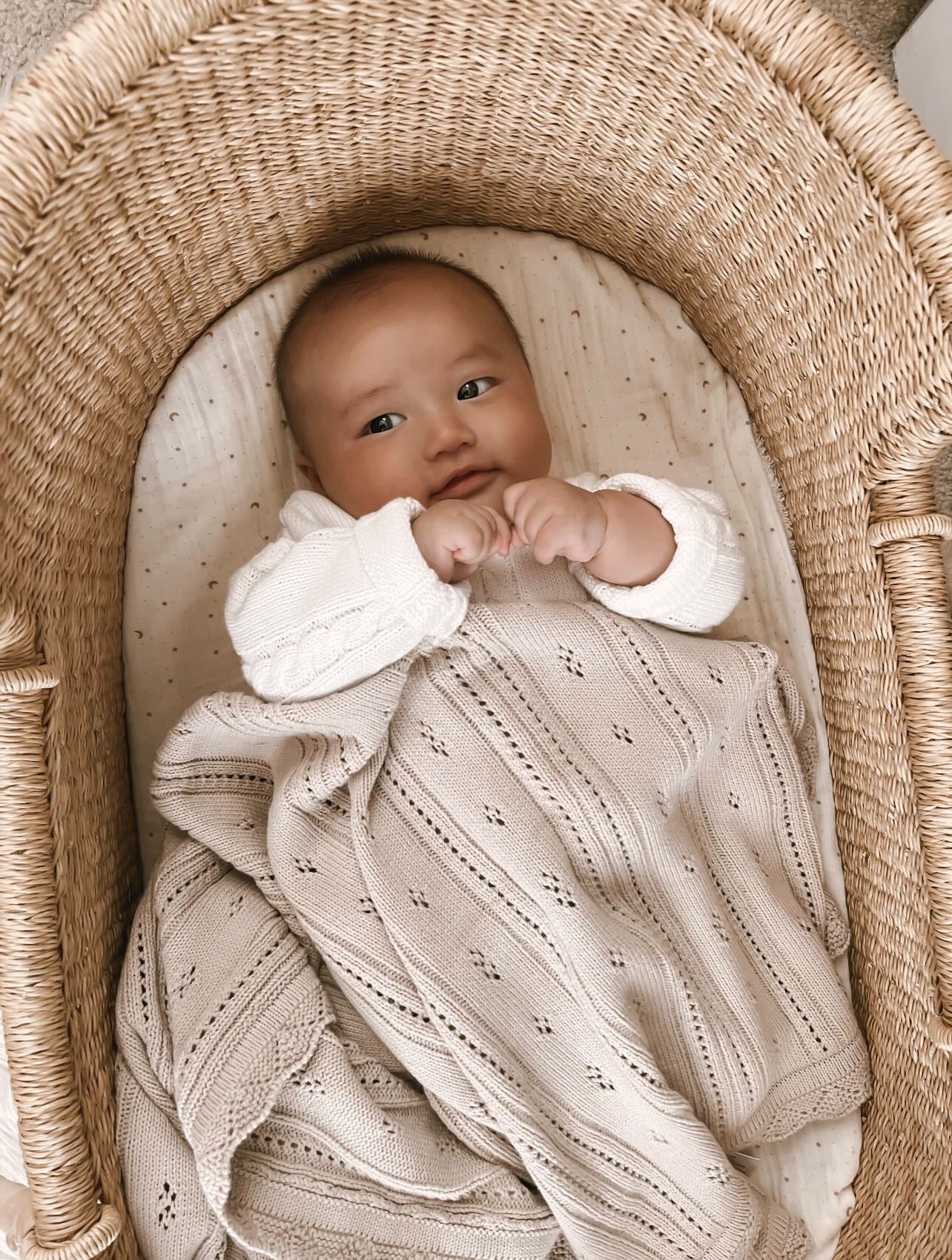 Luna + Luca Pointelle Organic Cotton Gender Neutral Knitted Baby Receiving Blanket - Beige