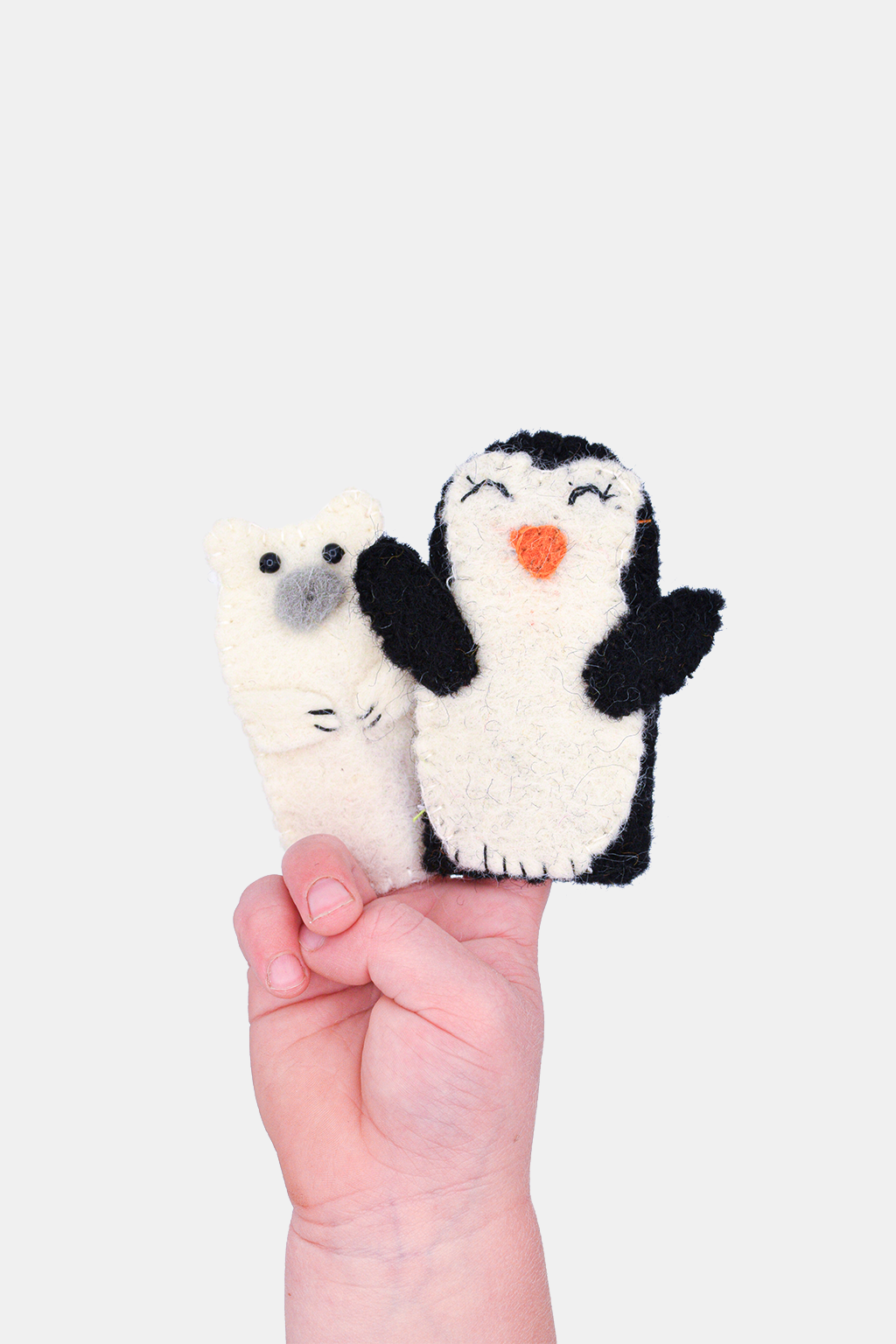 Polar Bear & Penguin Finger Puppet Set – Handmade Wool Felt Pretend Play Toy