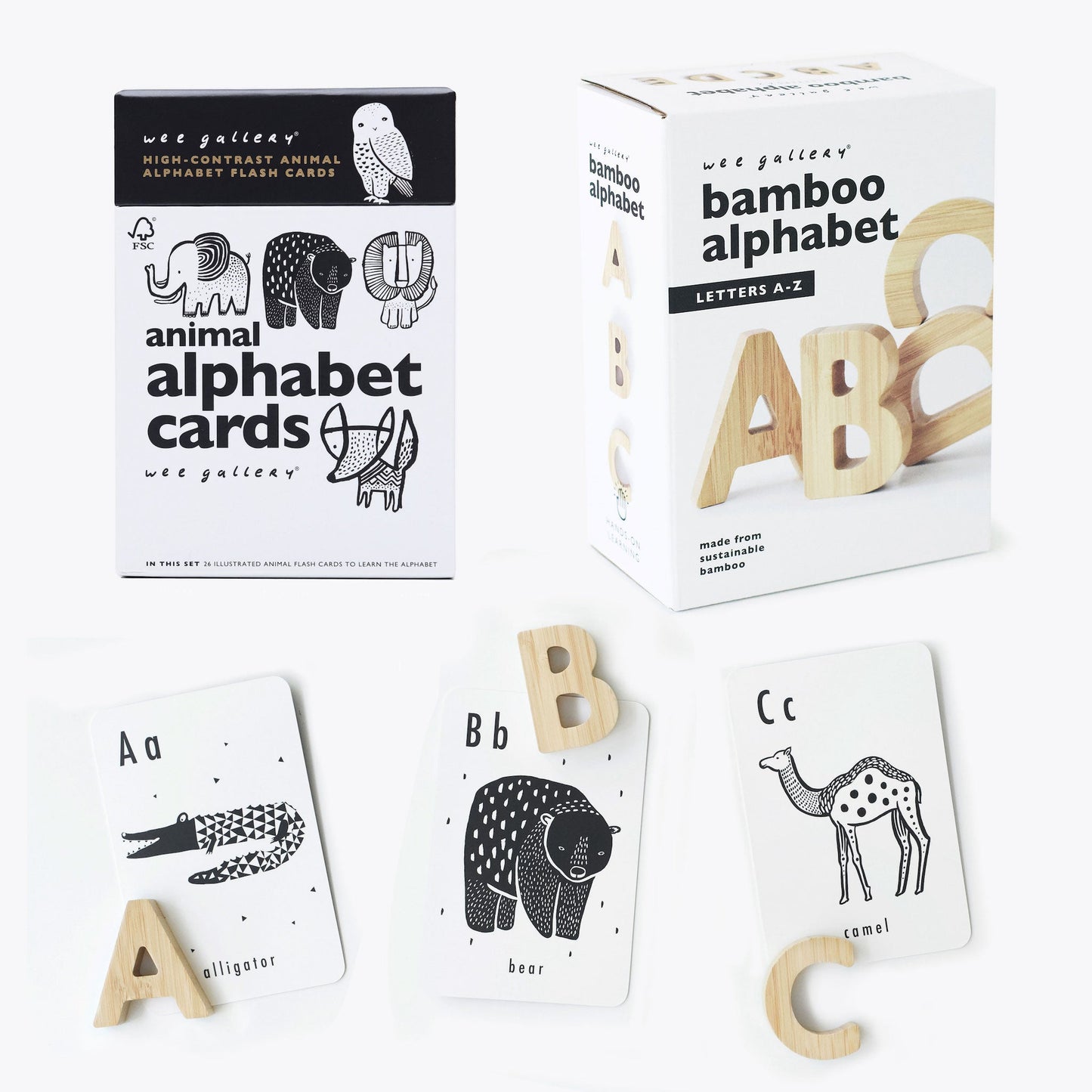 Wee Gallery Alphabet Adventure Cards and Bamboo Set Bundle | Eco-Friendly, Non-Toxic Educational Preschool Toys