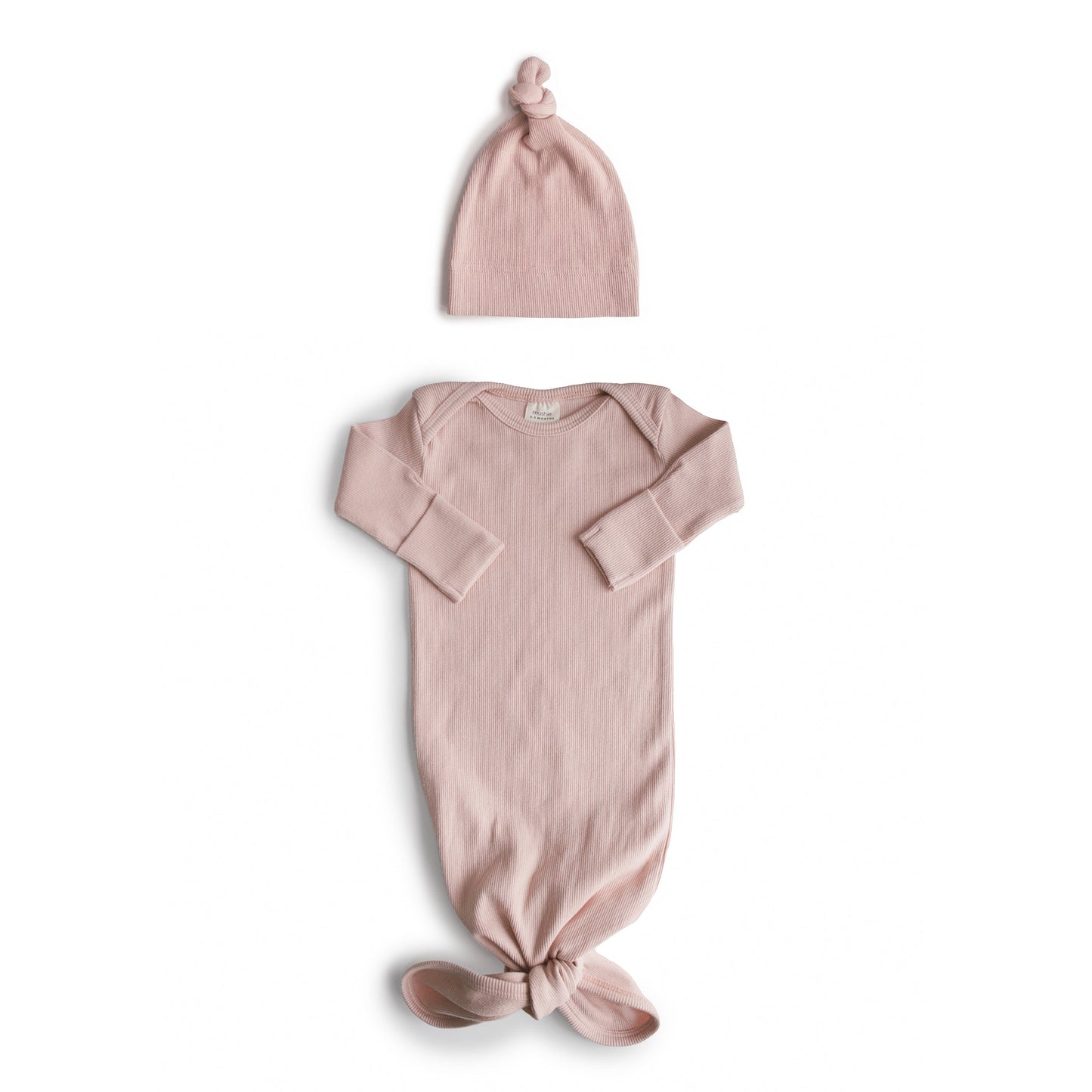 Mushie Organic Cotton Ribbed Knotted Baby Gown + Beanie Set