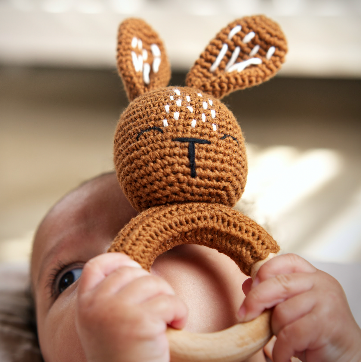 Rainbow Sprout Handmade Organic Cotton Bunny Rattle Teether with Wooden Ring – Brown/Rust