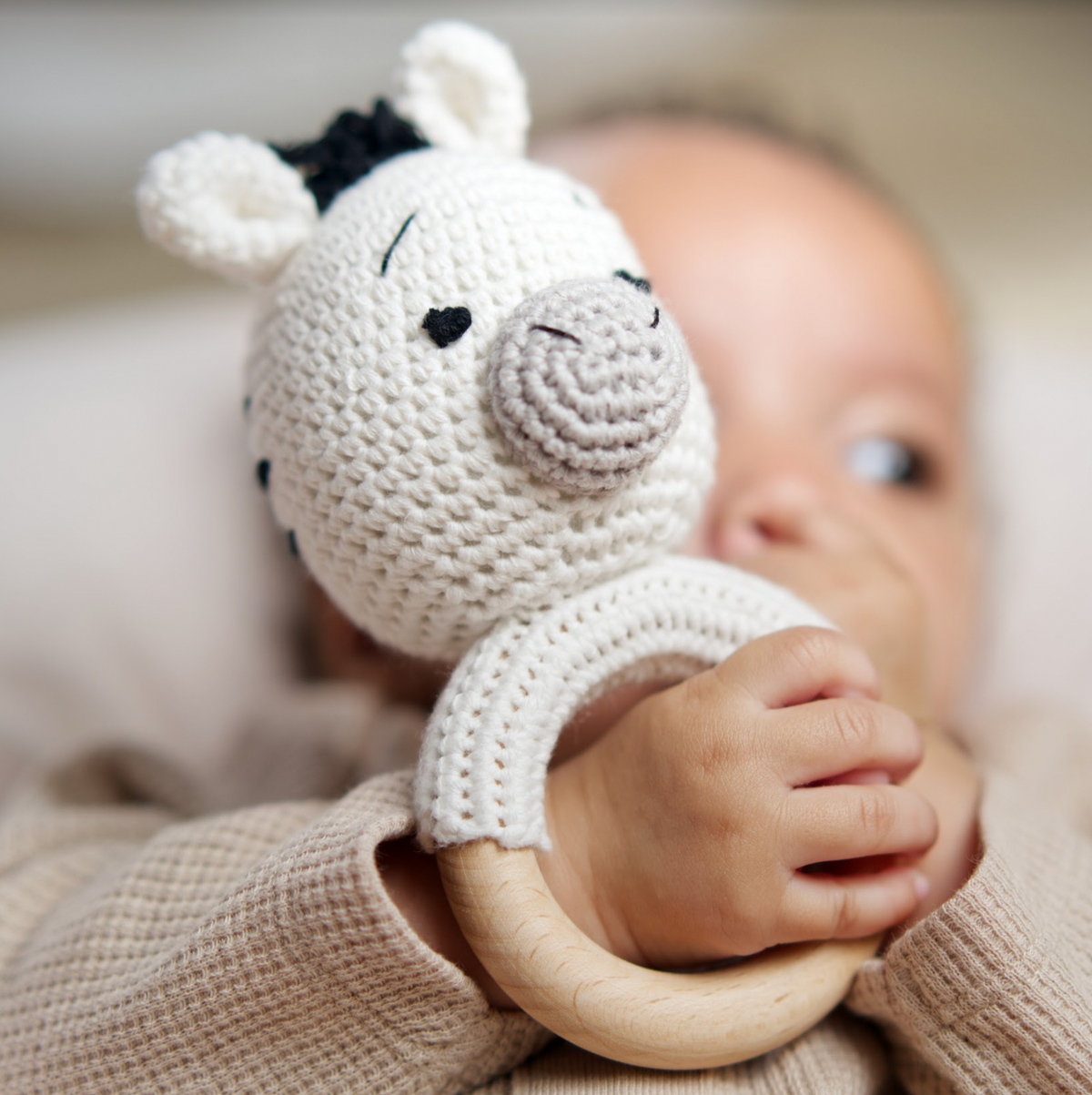 Rainbow Sprout Handmade Organic Cotton Zebra Rattle Teether with Wooden Ring – Black, Gray & White