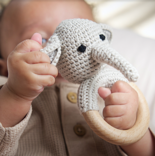 Rainbow Sprout Handmade Organic Cotton Elephant Rattle Teether with Wooden Ring – Gray