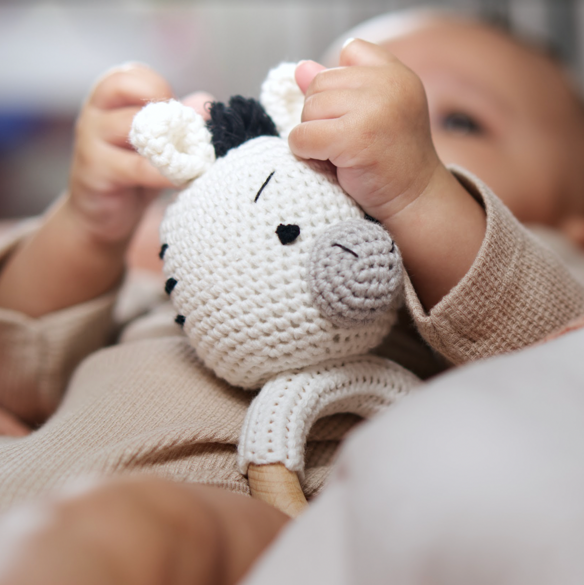 Rainbow Sprout Handmade Organic Cotton Zebra Rattle Teether with Wooden Ring – Black, Gray & White