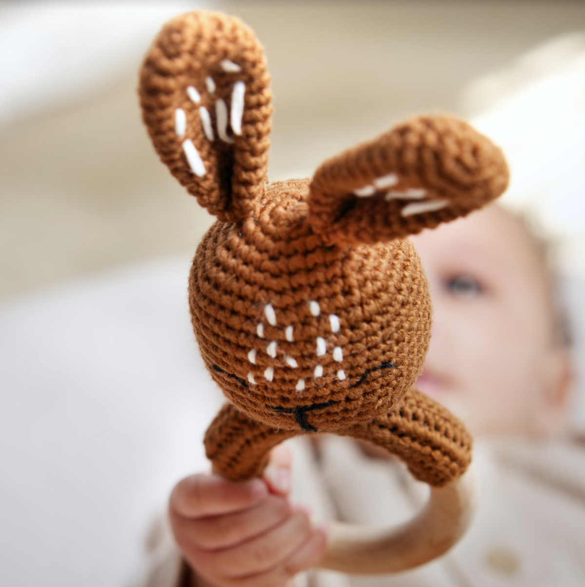 Rainbow Sprout Handmade Organic Cotton Bunny Rattle Teether with Wooden Ring – Brown/Rust