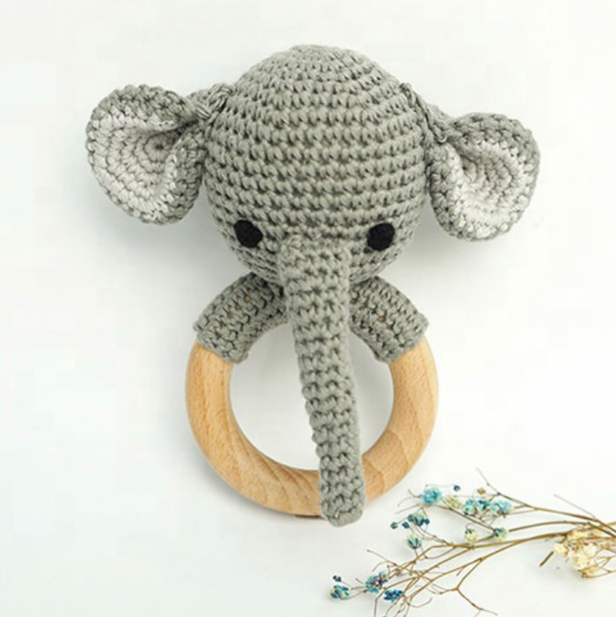 Rainbow Sprout Handmade Organic Cotton Elephant Rattle Teether with Wooden Ring – Gray