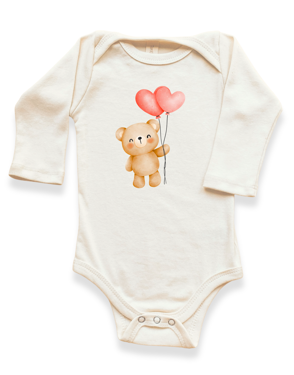 Heart Balloon Bear Organic Cotton Baby Bodysuit – Long Sleeve, 0–24M