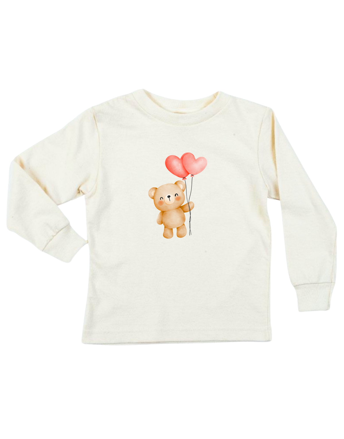 Heart Balloon Bear Organic Cotton Kids T-Shirt – Long Sleeve, 2Y–12Y