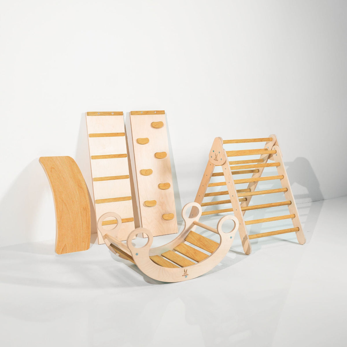 Bunny Hopkins Complete Home Adventure Playset – Pikler Triangle, 2 Ramps, Climbing Arch and Wobble Board, Made in the USA