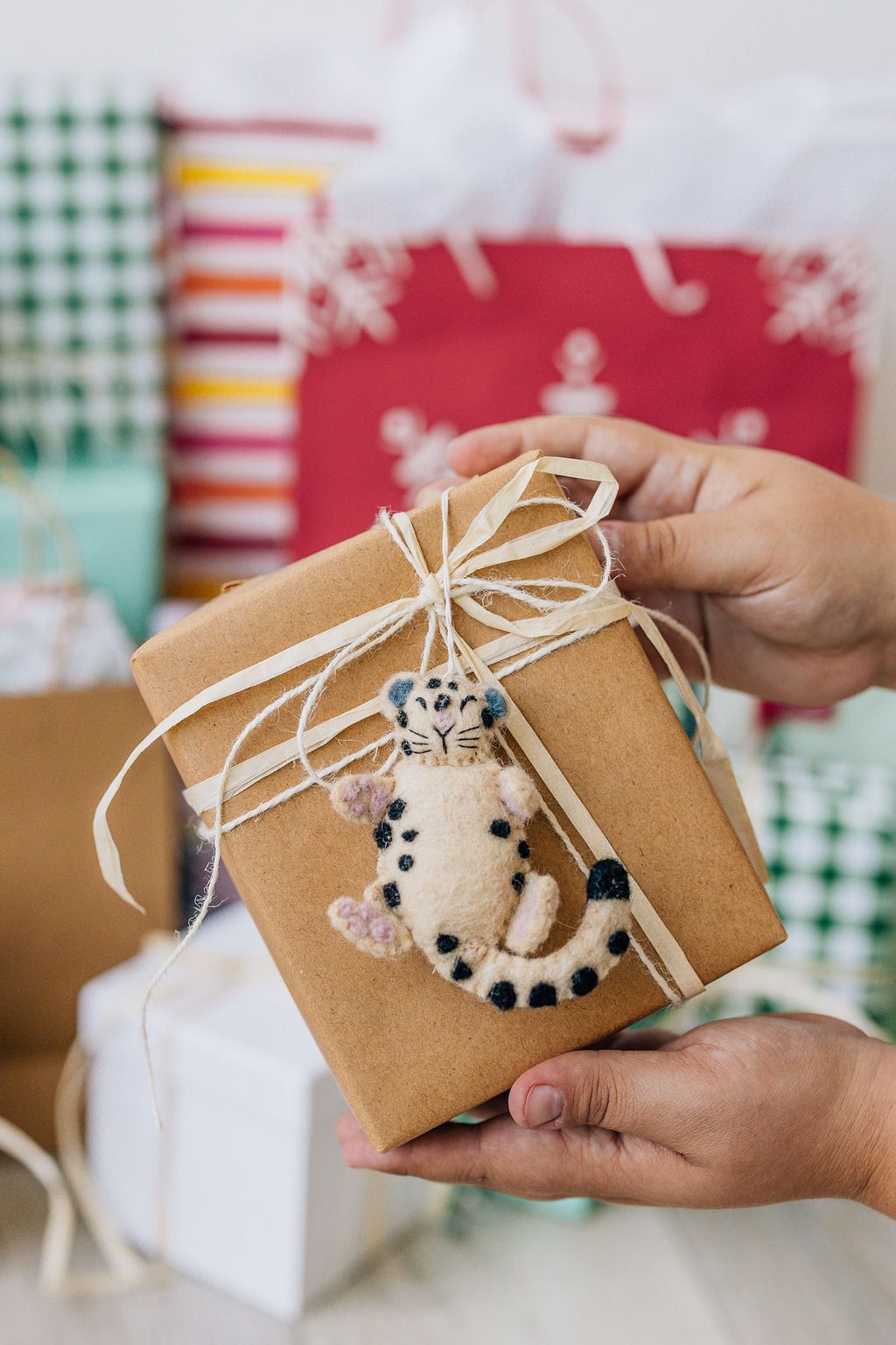 Snow Leopard Ornament – Handmade Wool Felt Holiday Decor