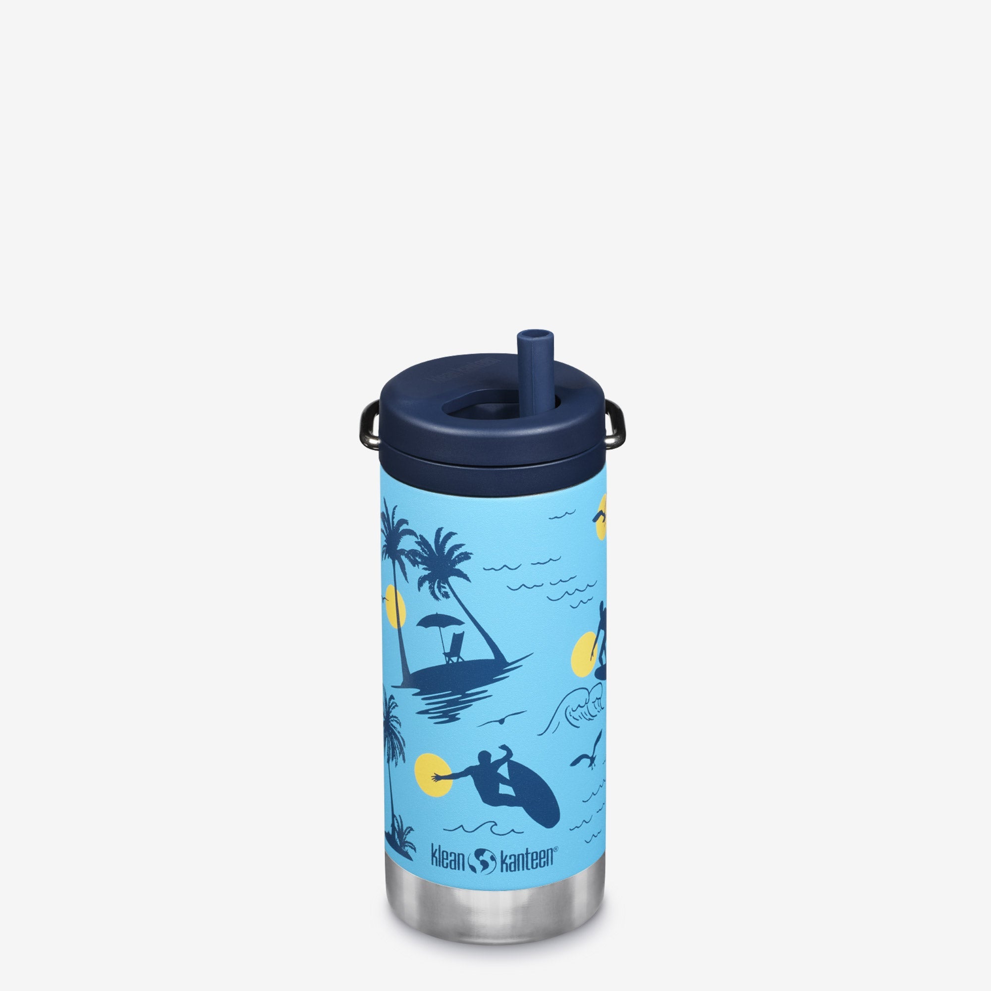 My son demonstrating the Klean Kanteen TKWide 12 oz Straw Water Bottle.