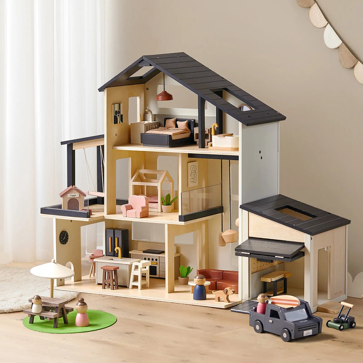 Tiny Land Sweetwood Edge Dollhouse & Garage – Wooden 1:12 Scale Dollhouse Set