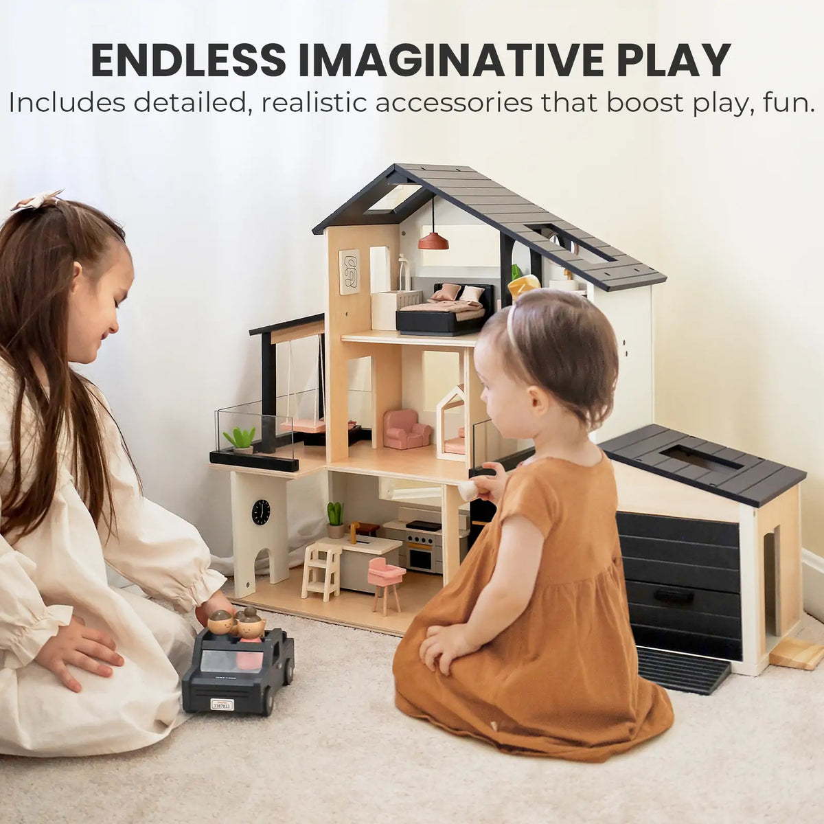 Tiny Land Sweetwood Edge Dollhouse & Garage – Wooden 1:12 Scale Dollhouse Set