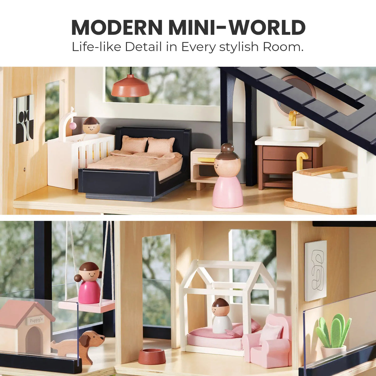 Tiny Land Sweetwood Edge Dollhouse & Garage – Wooden 1:12 Scale Dollhouse Set