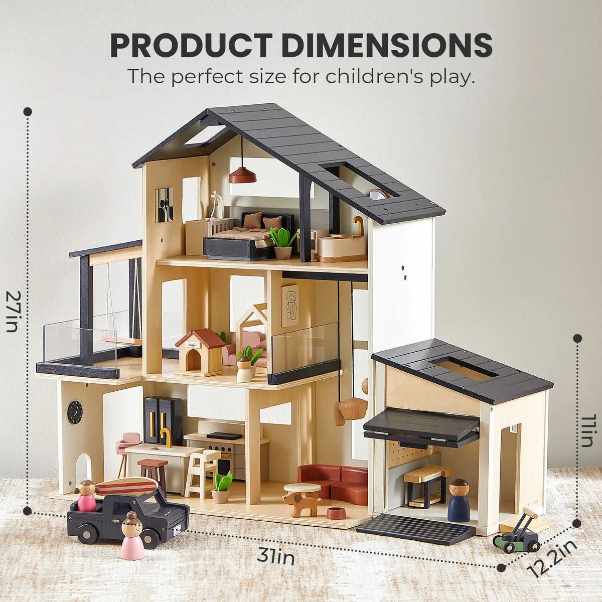 Tiny Land Sweetwood Edge Dollhouse & Garage – Wooden 1:12 Scale Dollhouse Set