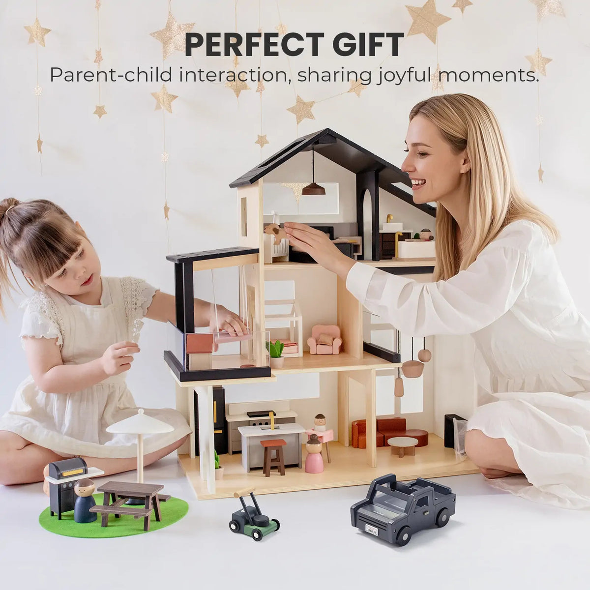 Tiny Land Sweet Family Dollhouse Gift Set – Black Wooden Dollhouse, Garage & Doll Set
