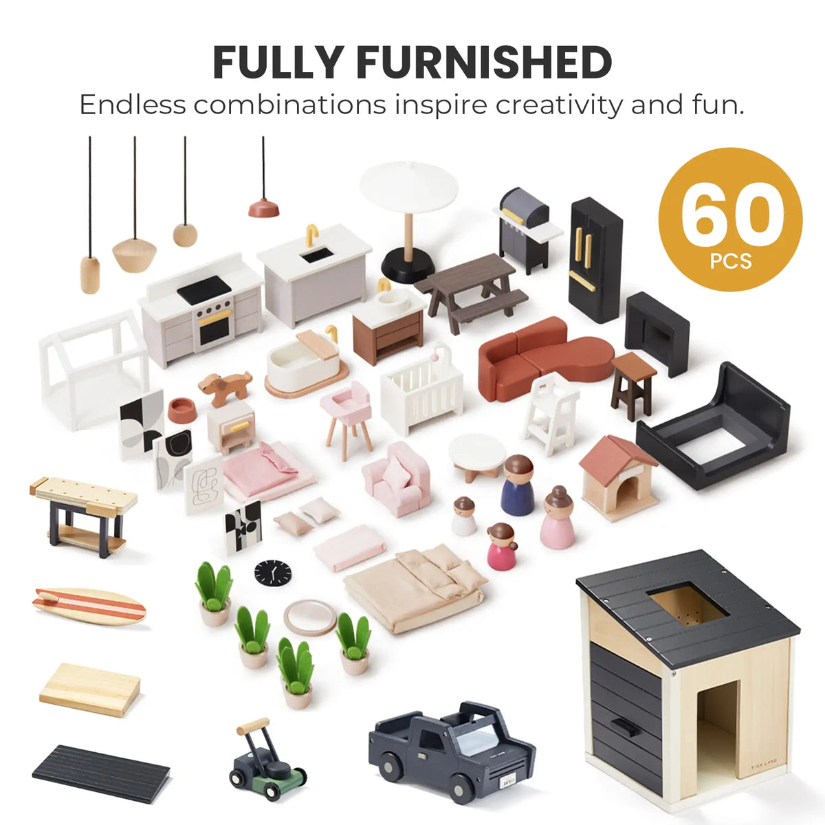 Tiny Land Sweetwood Edge Dollhouse & Garage – Wooden 1:12 Scale Dollhouse Set