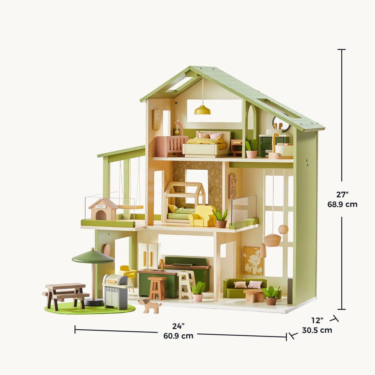 Tiny Land® Sweetwood Edge Wooden Dollhouse with Furniture – 3-Story 1:12 Scale Dollhouse, Green or Pink, Ages 3+
